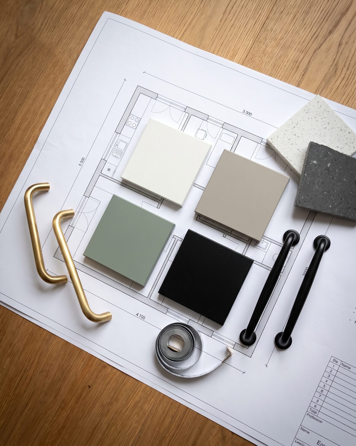 Materialmuster: Frontmuster, Arbeitsplattenproben und Griffe auf dem Küchenplan