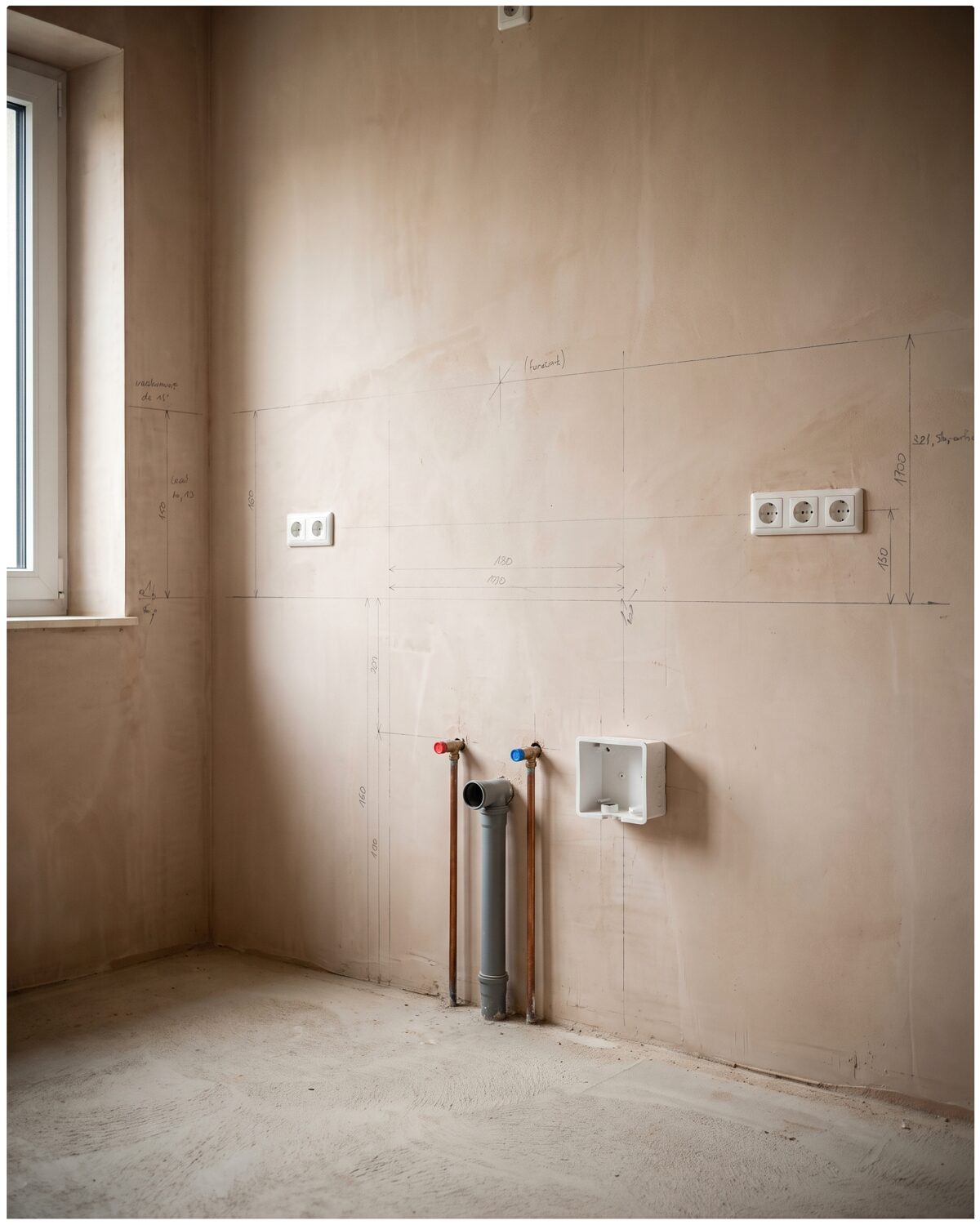 Rohinstallation: Wasseranschlüsse, Steckdosen und Herdanschlussdose mit Markierungen an der Küchenwand